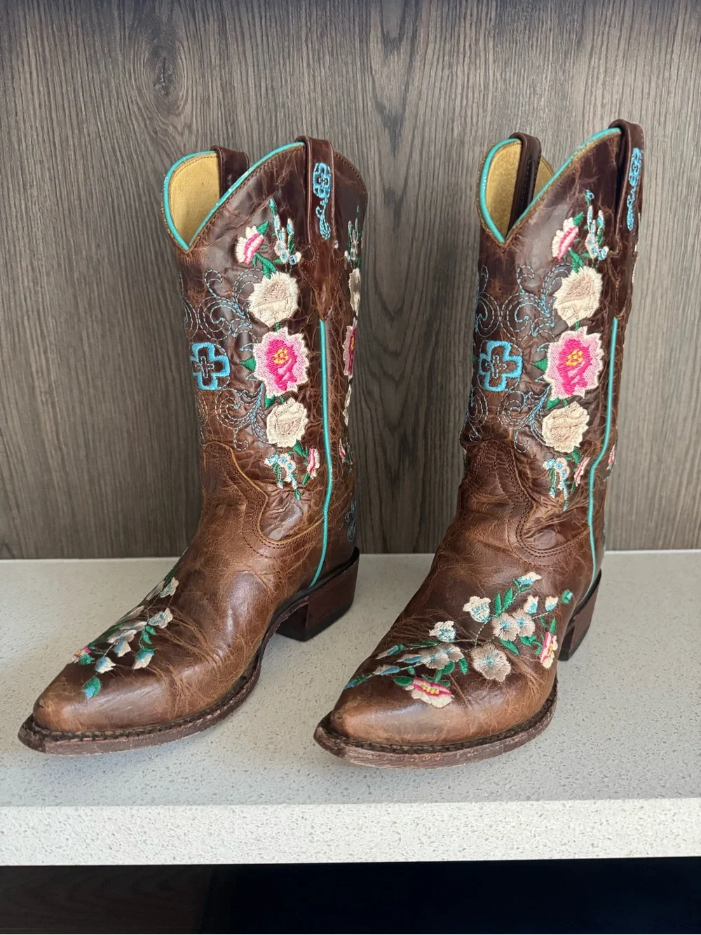 Macie Bean Brown Cowboy Boots with Turquoise Piping and Pink Floral Embroidery